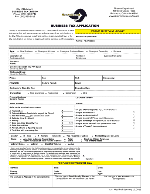 Business Tax Application - Richmond City, California Download Pdf