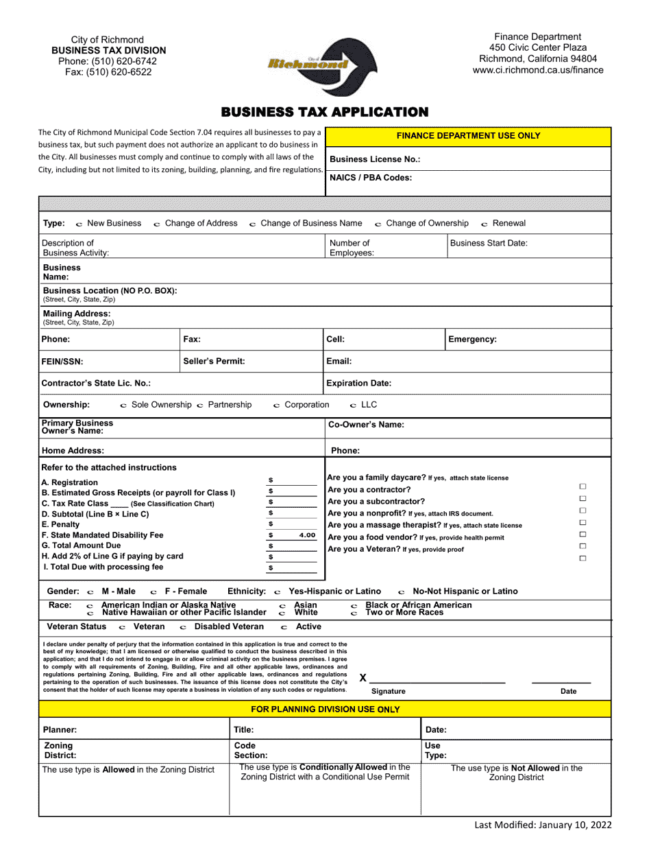 Business Tax Application - Richmond City, California, Page 1