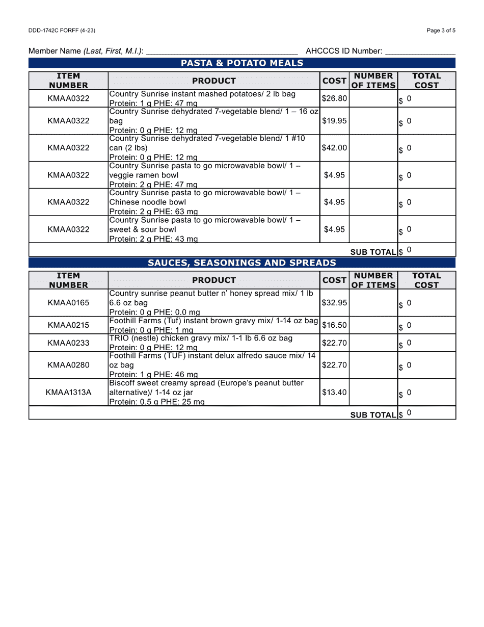 Form DDD-1742C Metabolic Low Protein Foods Ordering Form Vendor - Pku Perspectives - Arizona, Page 3