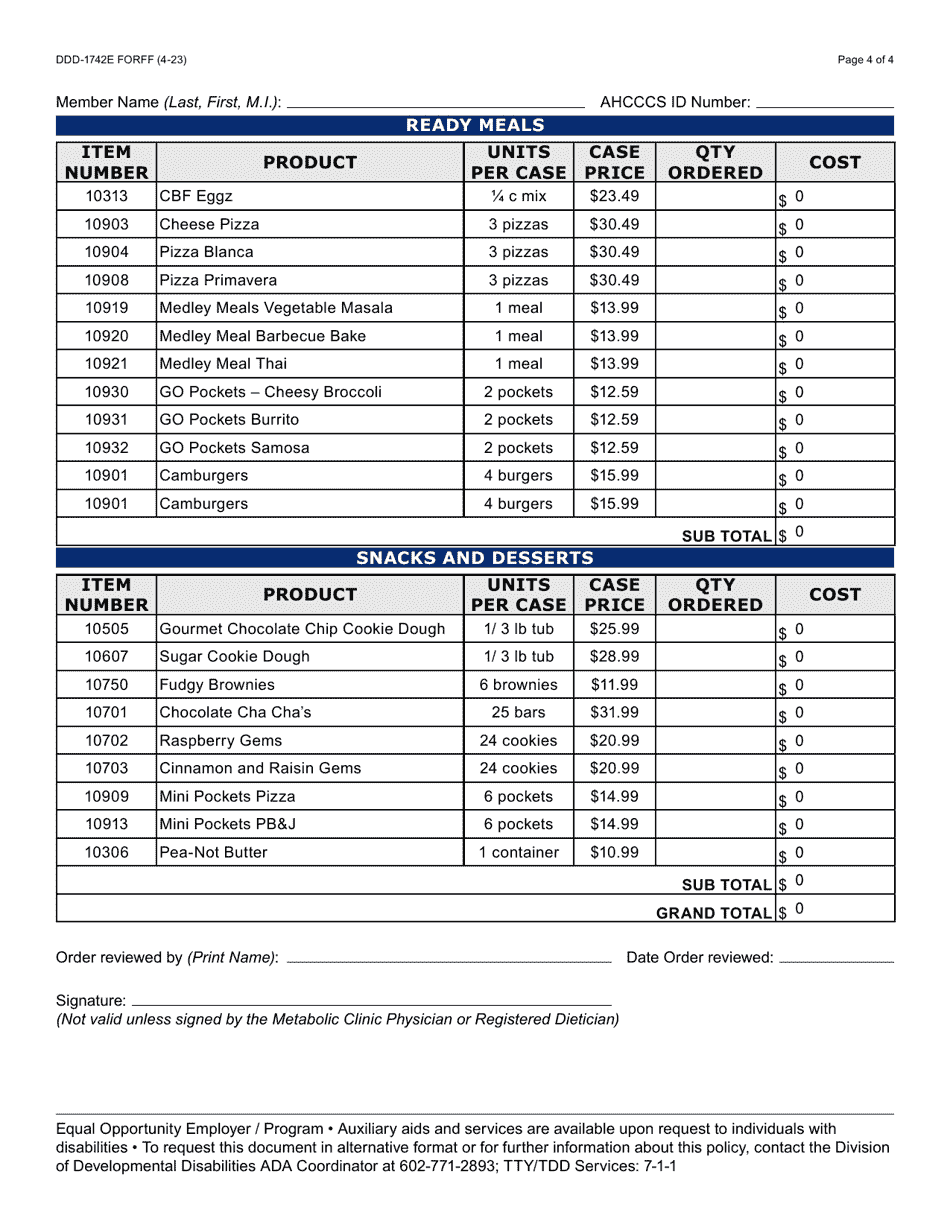 Form DDD-1742E Metabolic Low Protein Foods Ordering Form - Vendor - Cambrooke Foods - Arizona, Page 4