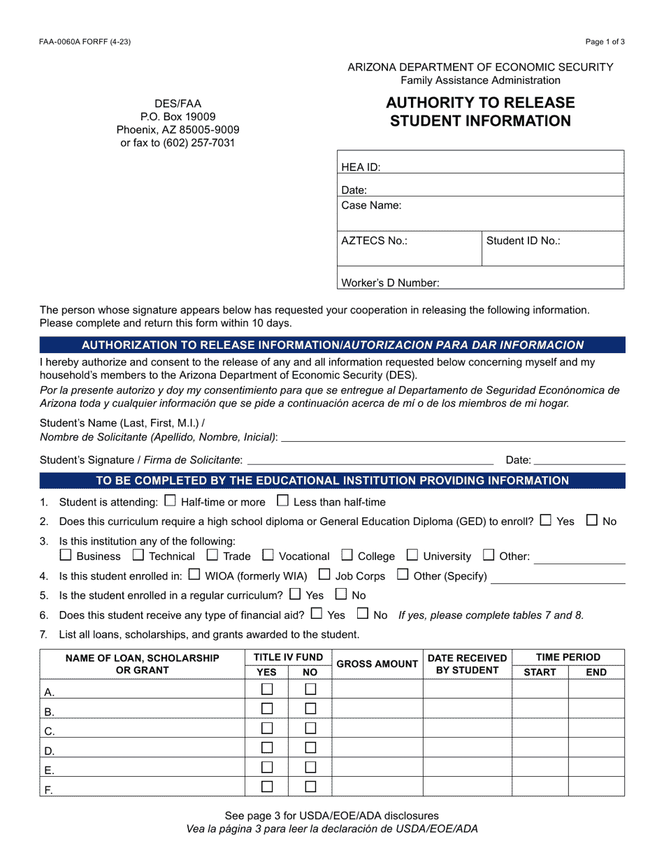 Form FAA-0060A Authority to Release Student Information - Arizona, Page 1