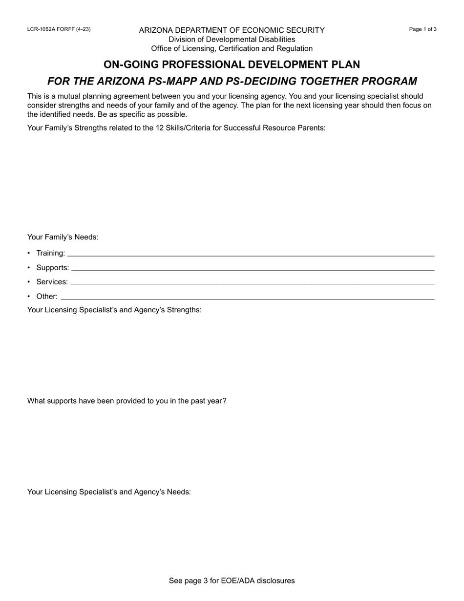Form LCR-1052A On-Going Professional Development Plan for the Arizona PS-Mapp and PS-Deciding Together Program - Arizona, Page 1