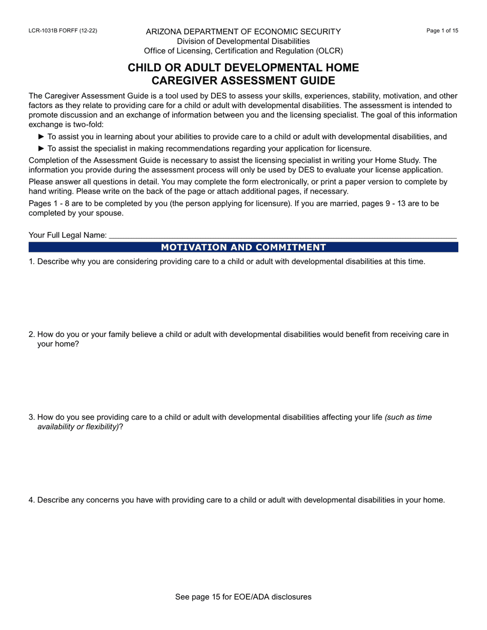 Form LCR-1031B Child or Adult Developmental Home Caregiver Assessment Guide - Arizona, Page 1