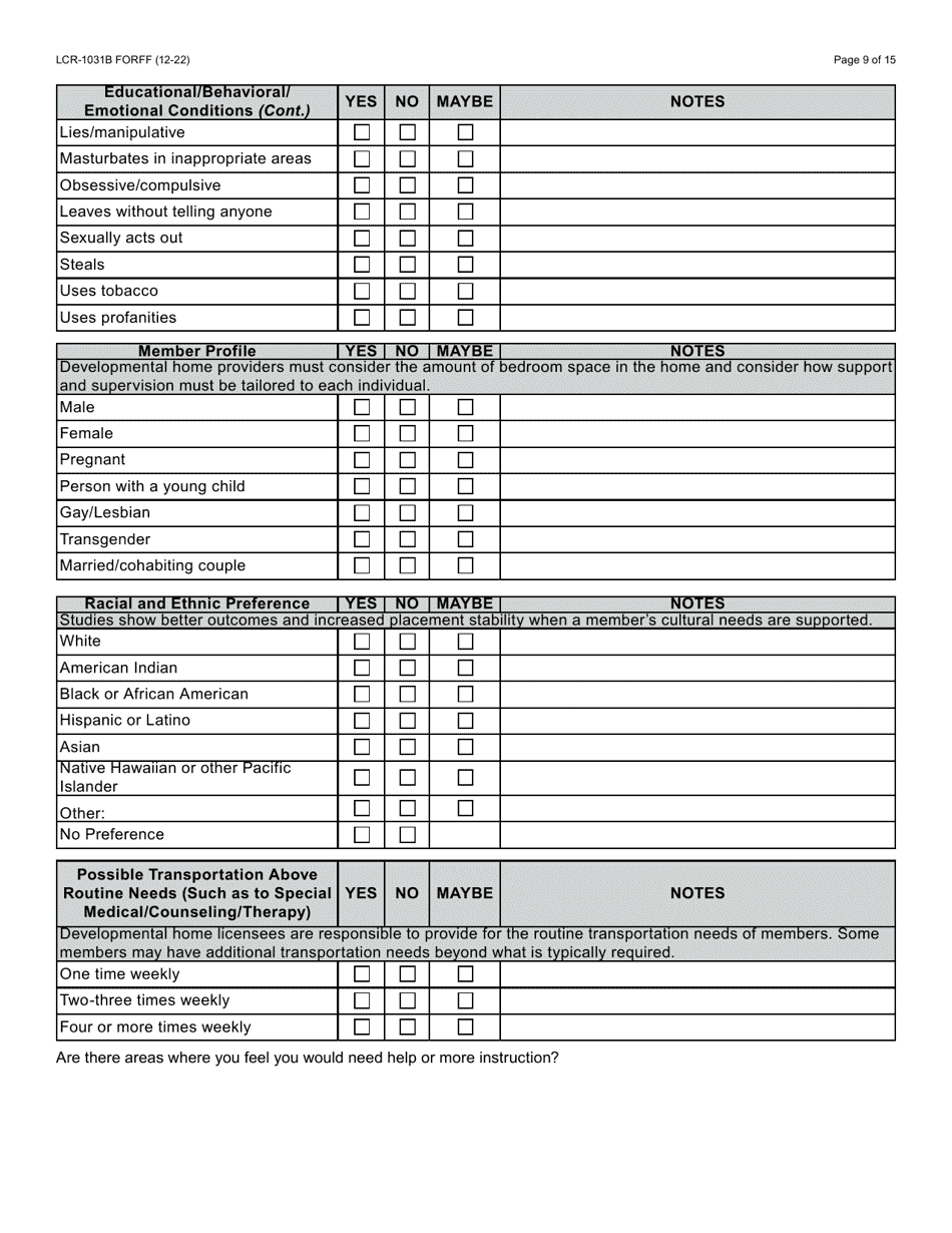Form LCR-1031B Child or Adult Developmental Home Caregiver Assessment Guide - Arizona, Page 9