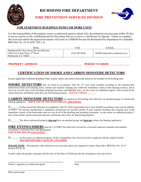 Certification Form for Smoke Alarms and Carbon Monoxide Alarms - City of Richmond, California Download Pdf