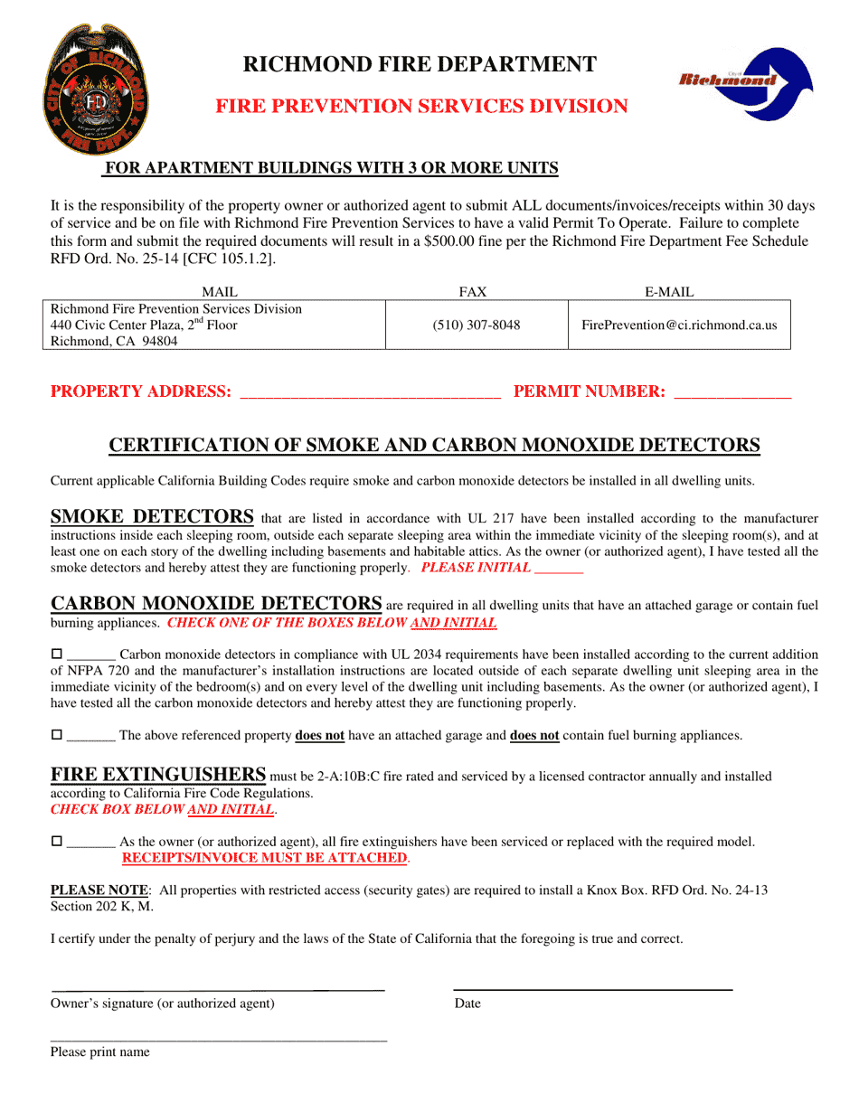Certification Form for Smoke Alarms and Carbon Monoxide Alarms - City of Richmond, California, Page 1