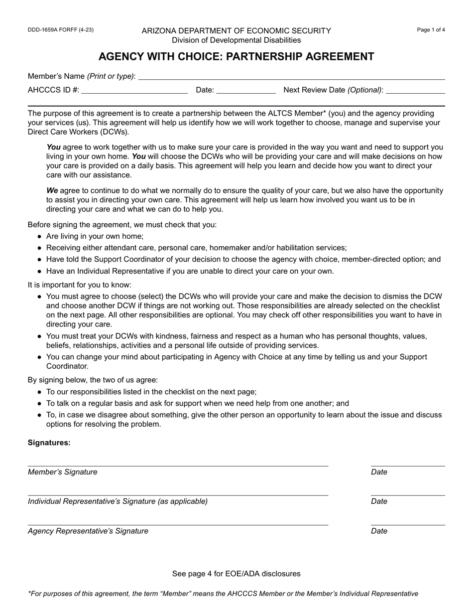 Form DDD-1659A Agency With Choice: Partnership Agreement - Arizona, Page 1