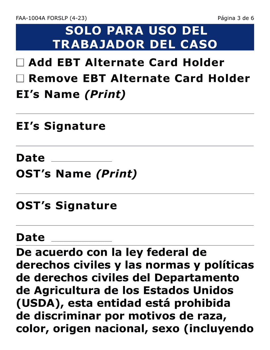 Formulario FAA-1004A-SLP Designacion De Titular Sustituto Para La Tarjeta De Ebt (Letra Grande) - Arizona (Spanish), Page 3