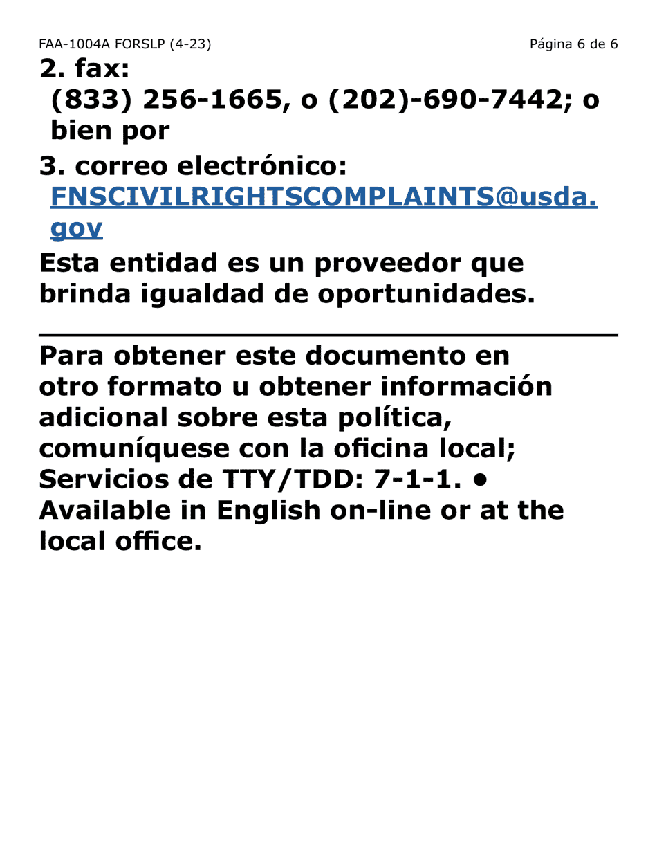 Formulario FAA-1004A-SLP Designacion De Titular Sustituto Para La Tarjeta De Ebt (Letra Grande) - Arizona (Spanish), Page 6