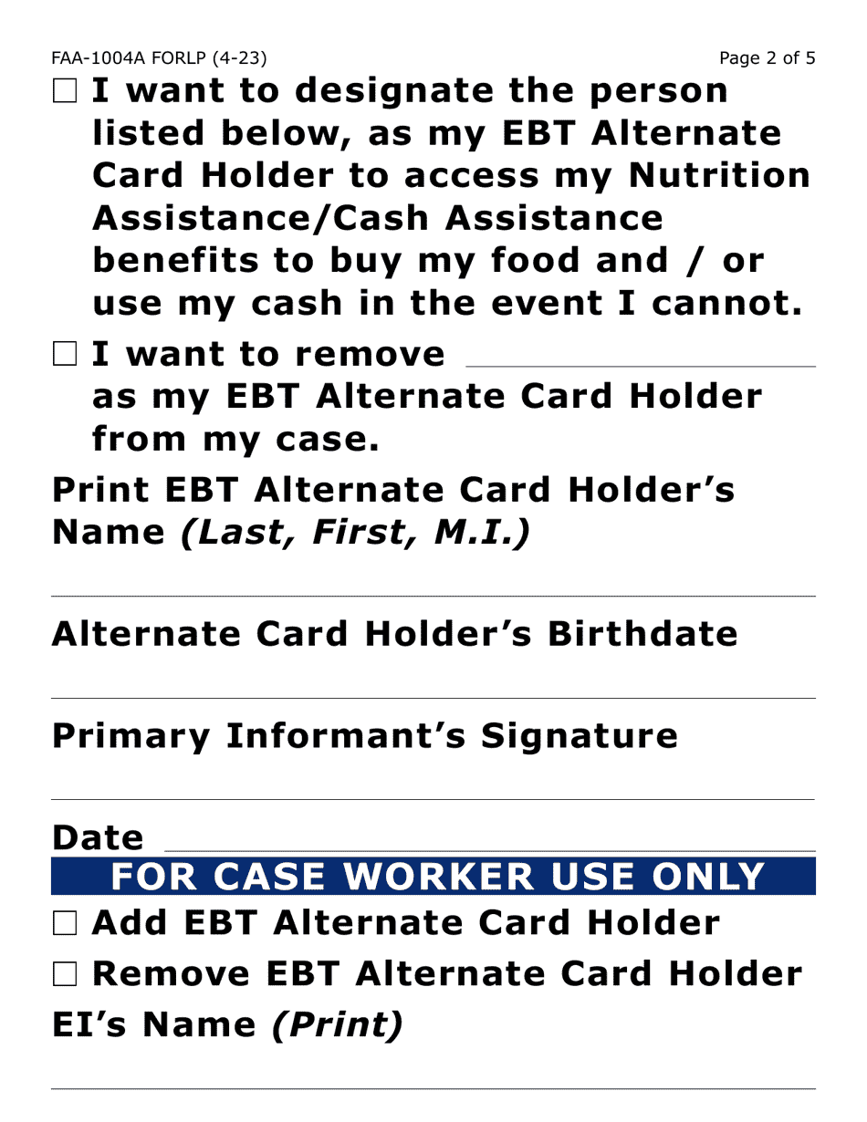 Form FAA-1004A-LP Designation of Ebt Alternate Card Holder (Large Print) - Arizona, Page 2