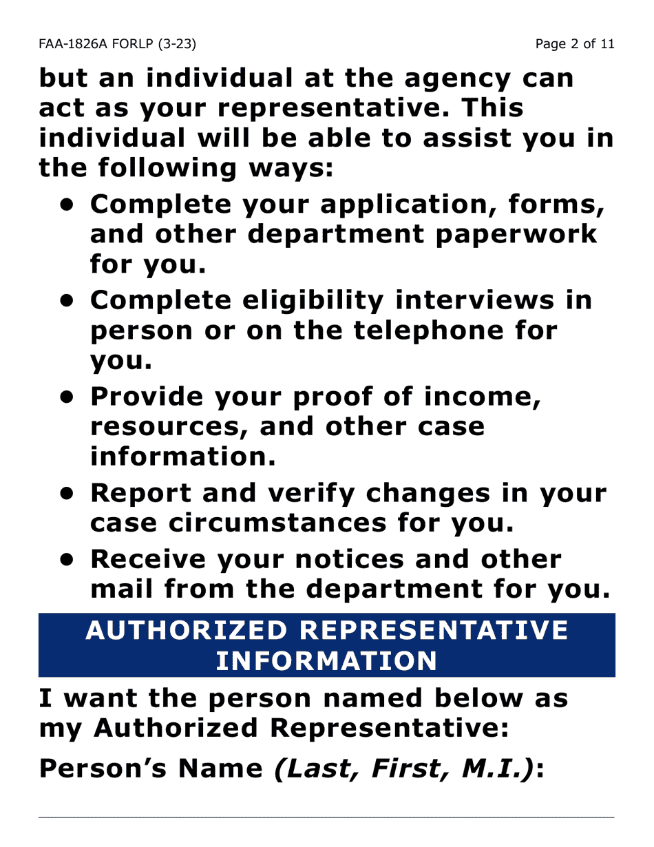 Form FAA-1826A-LP Nutrition Assistance (Na) Authorized Representative Request (Large Print) - Arizona, Page 2