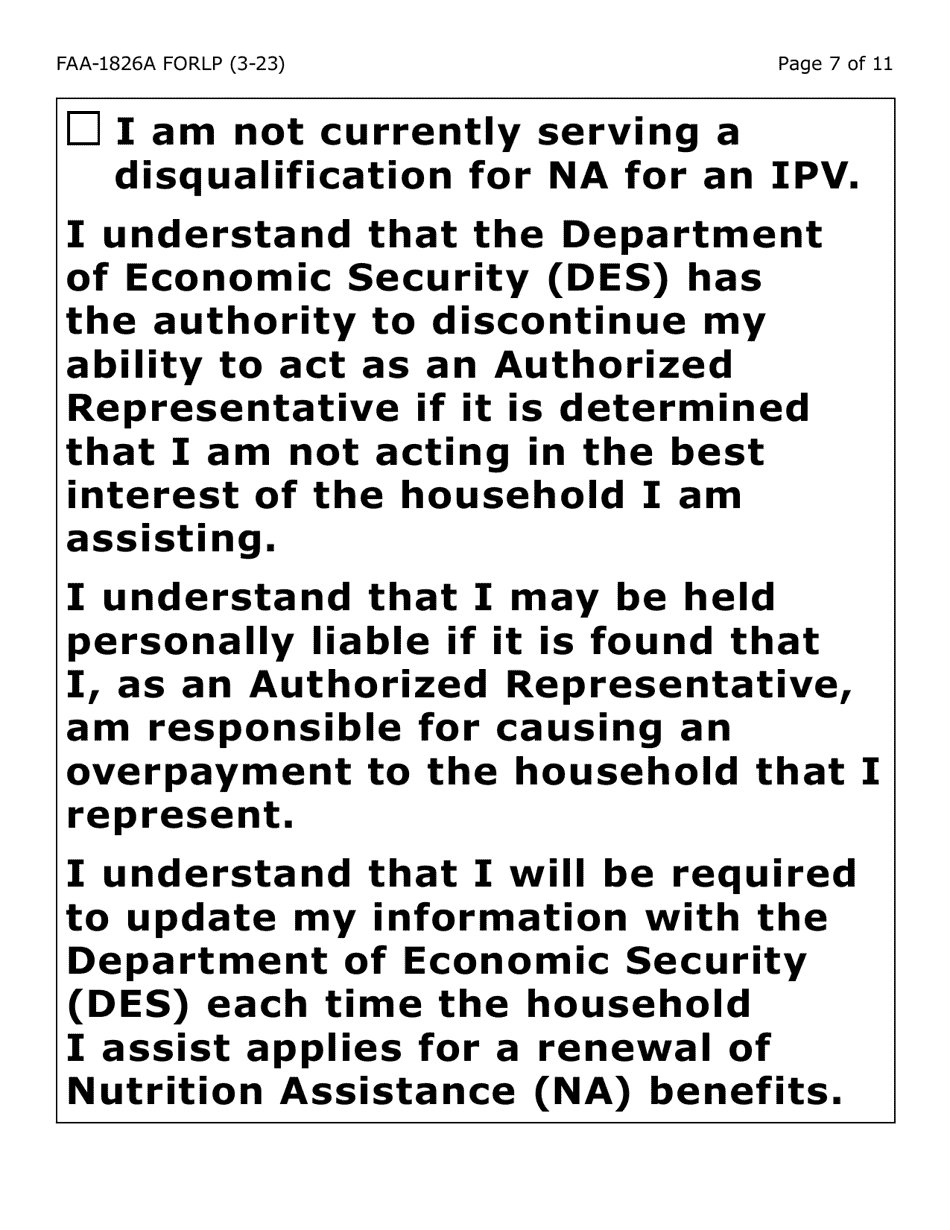 Form FAA-1826A-LP Nutrition Assistance (Na) Authorized Representative Request (Large Print) - Arizona, Page 7