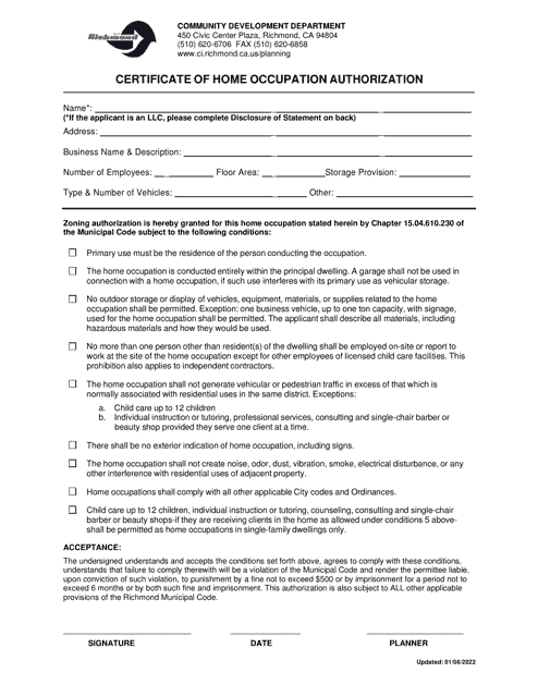 Certificate of Home Occupation Authorization - City of Richmond, California Download Pdf