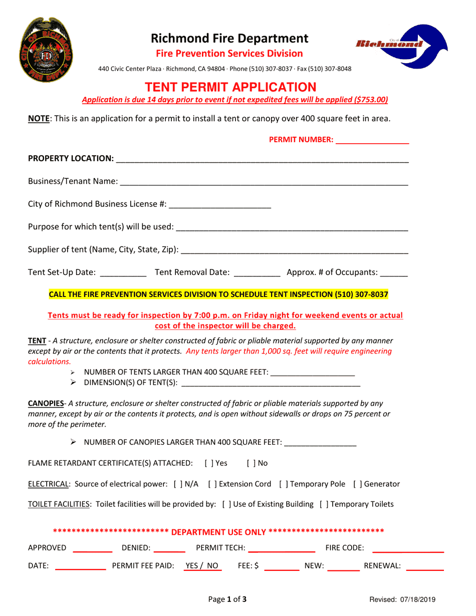 Tent Permit Application - City of Richmond, California, Page 1