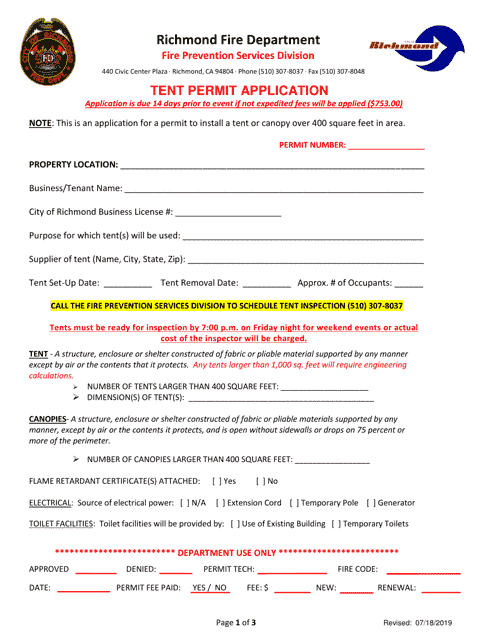 Tent Permit Application - City of Richmond, California Download Pdf