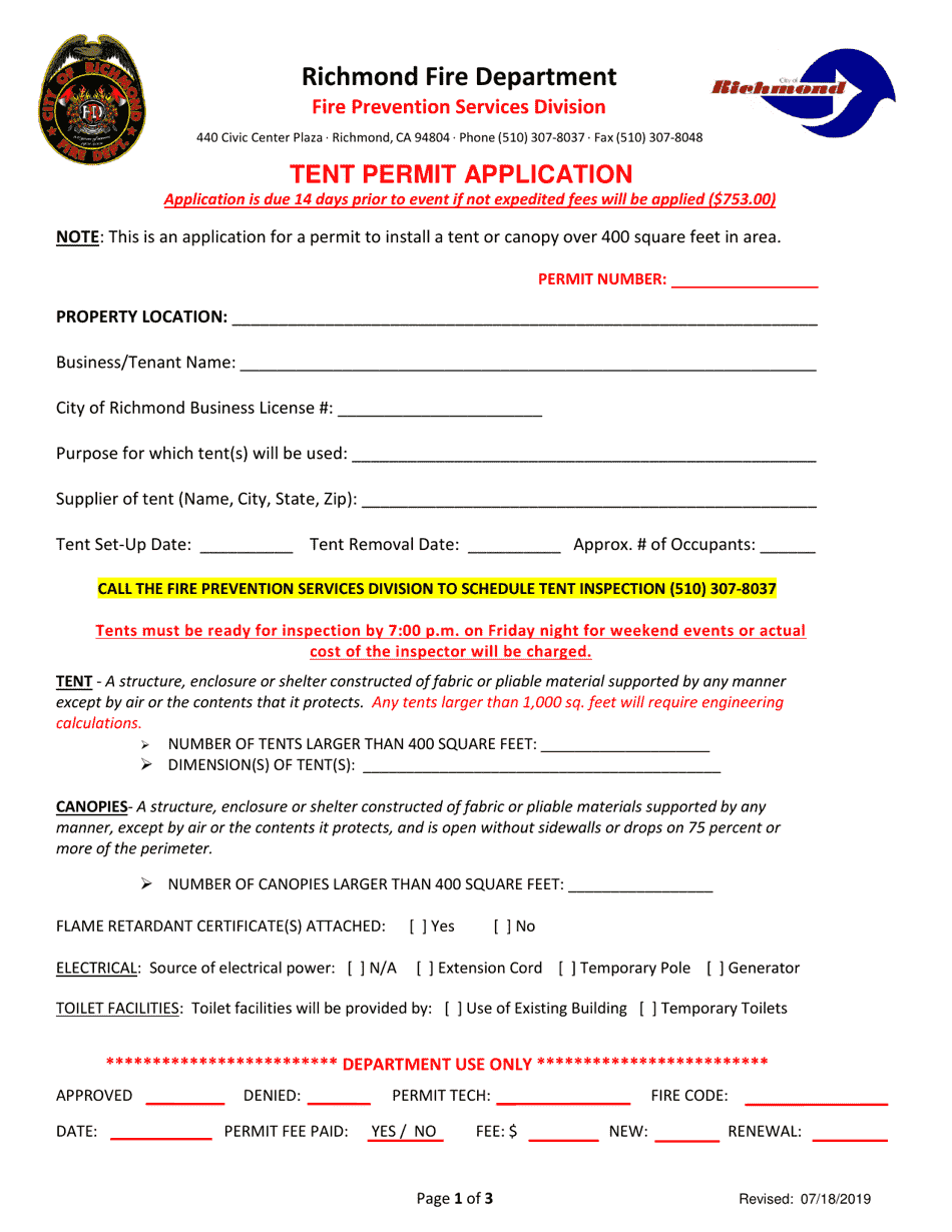 City of Richmond, California Tent Permit Application Fill Out, Sign