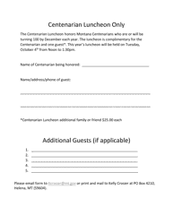 Document preview: Centenarian and Guest Conference Registration Form - Montana