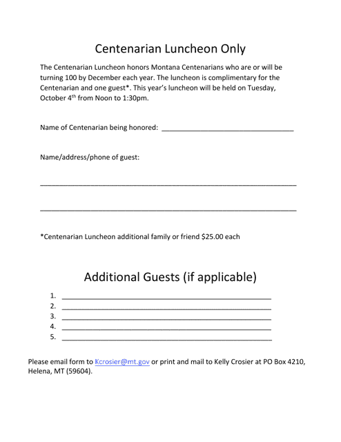 Centenarian and Guest Conference Registration Form - Montana