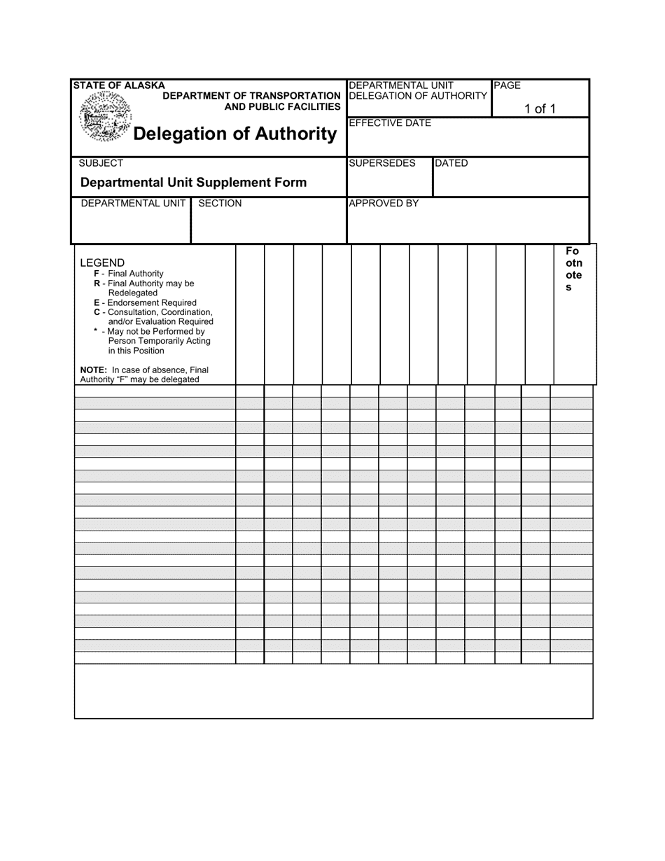 Delegation of Authority Departmental Unit Supplement Form - Alaska, Page 1