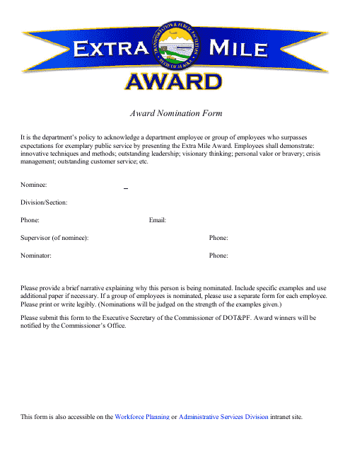 Extra Mile Award Nomination Form - Alaska Download Pdf