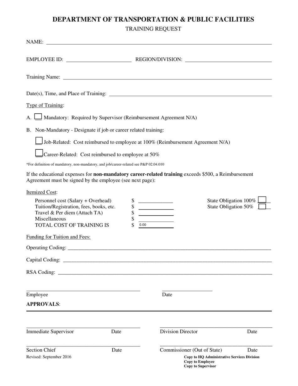 Training Request and Reimbursement Agreement Form - Alaska, Page 1