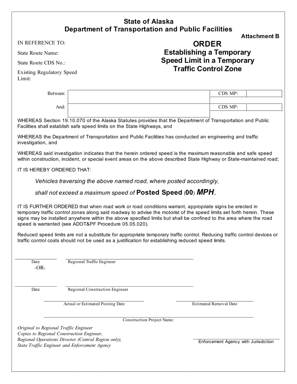 Attachment B Order Establishing a Temporary Speed Limit in a Temporary Traffic Control Zone - Alaska, Page 1