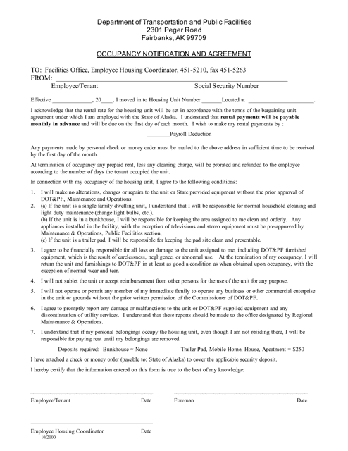 Occupancy Notification and Agreement - Alaska Download Pdf