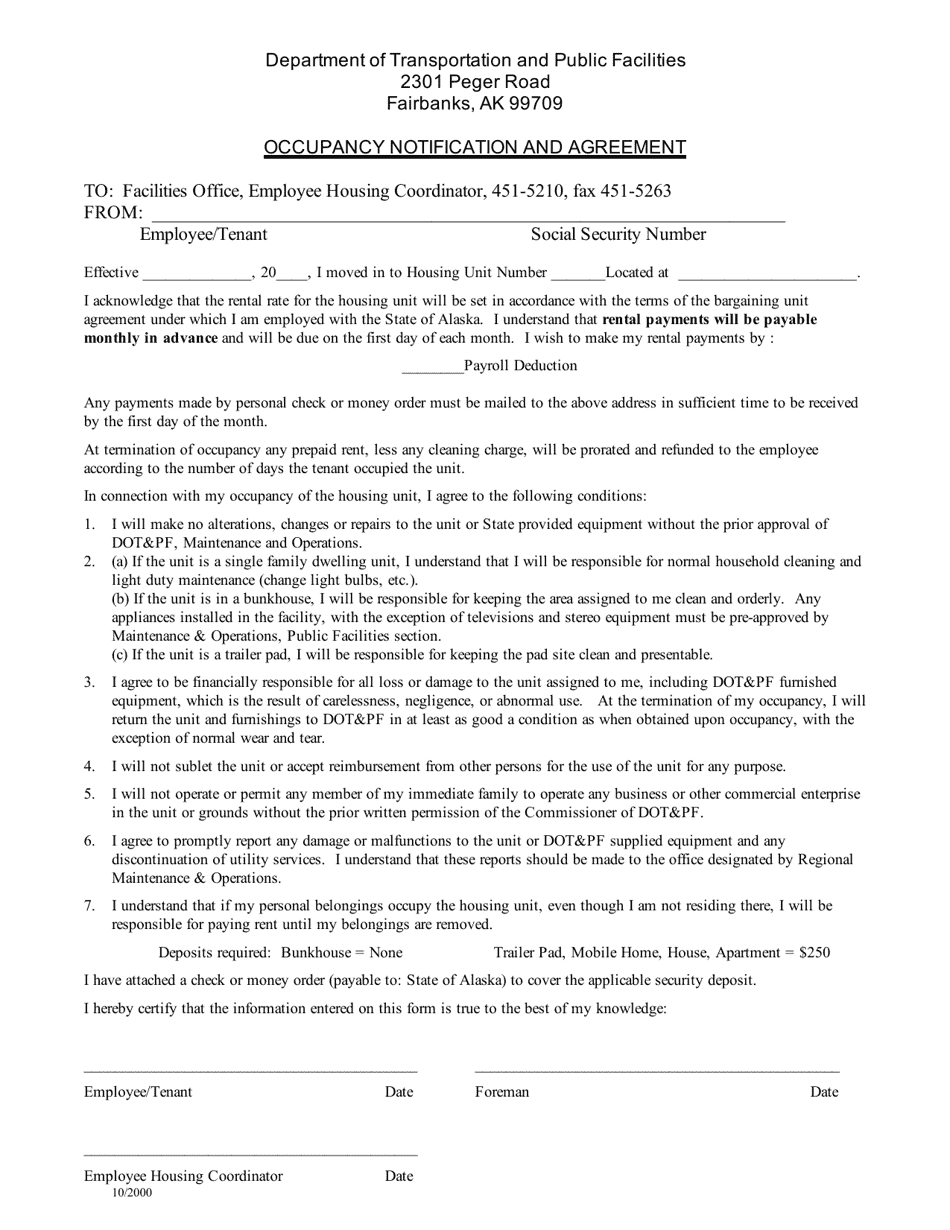 Occupancy Notification and Agreement - Alaska, Page 1