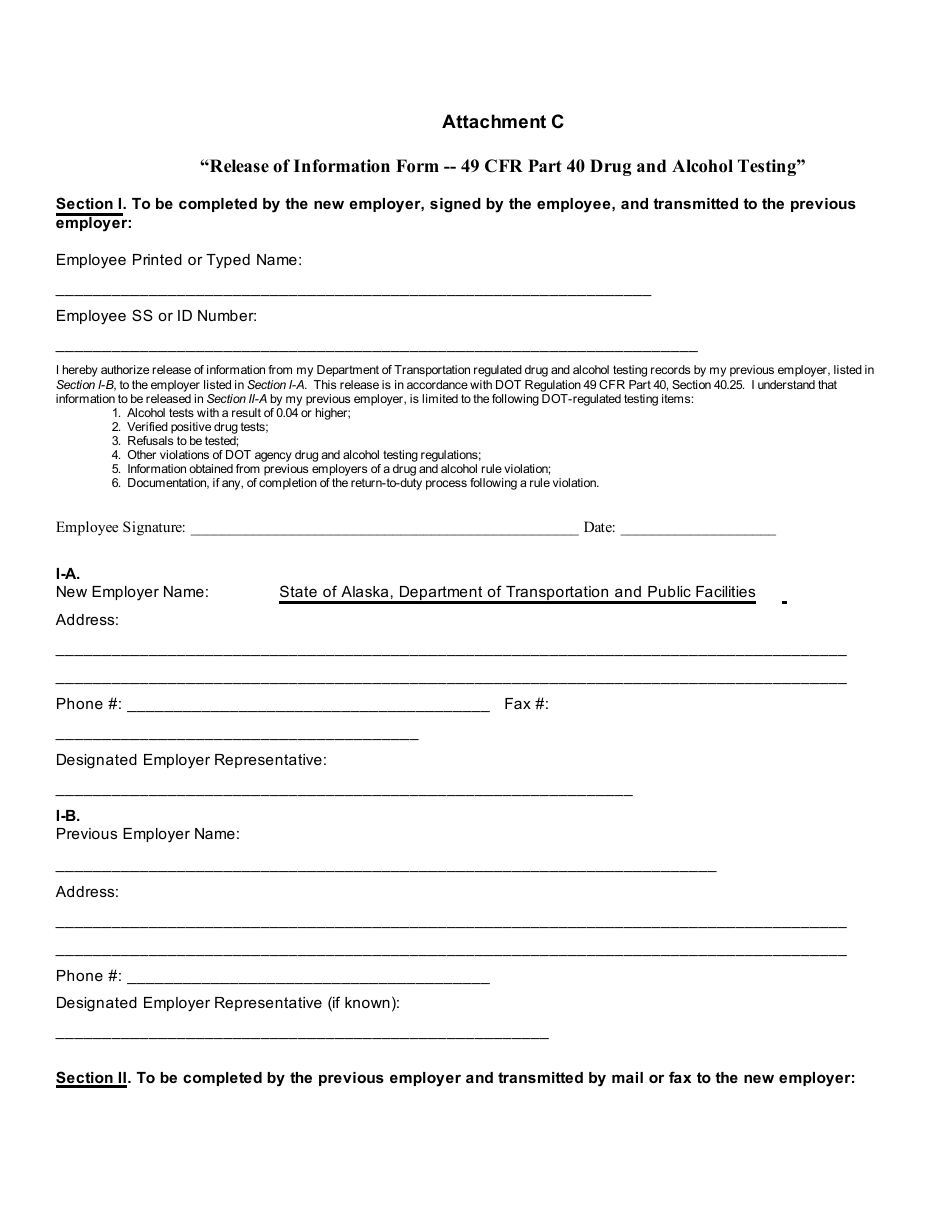 Attachment C Release of Information Form - 49 Cfr Part 40 Drug and Alcohol Testing - Alaska, Page 1