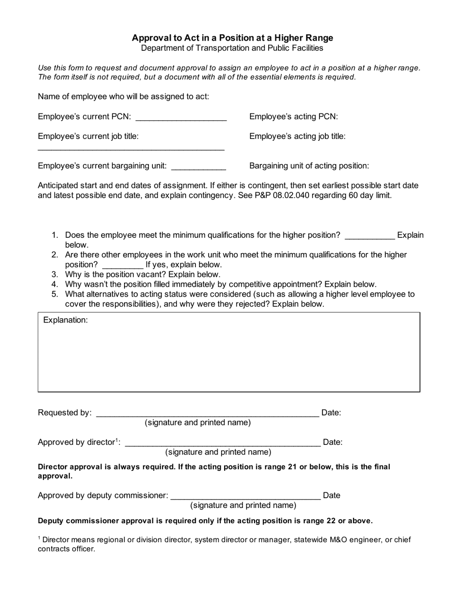 Approval to Act in a Position at a Higher Range - Alaska, Page 1