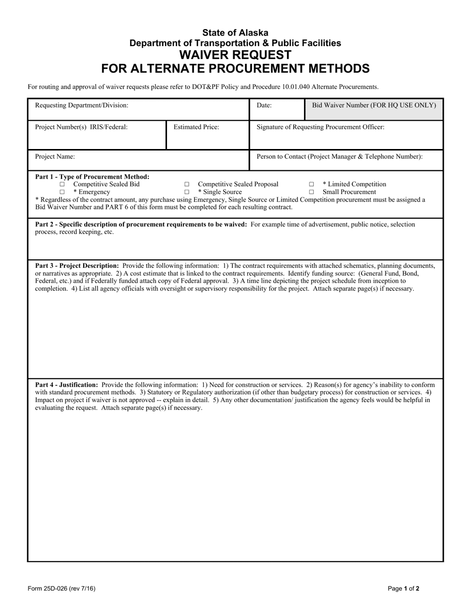Form 25D-026 Waiver Request for Alternate Procurement Methods - Alaska, Page 1