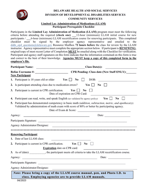Participant Prerequisite Checklist - Limited Lay Administration of Medications (Llam) - Delaware Download Pdf