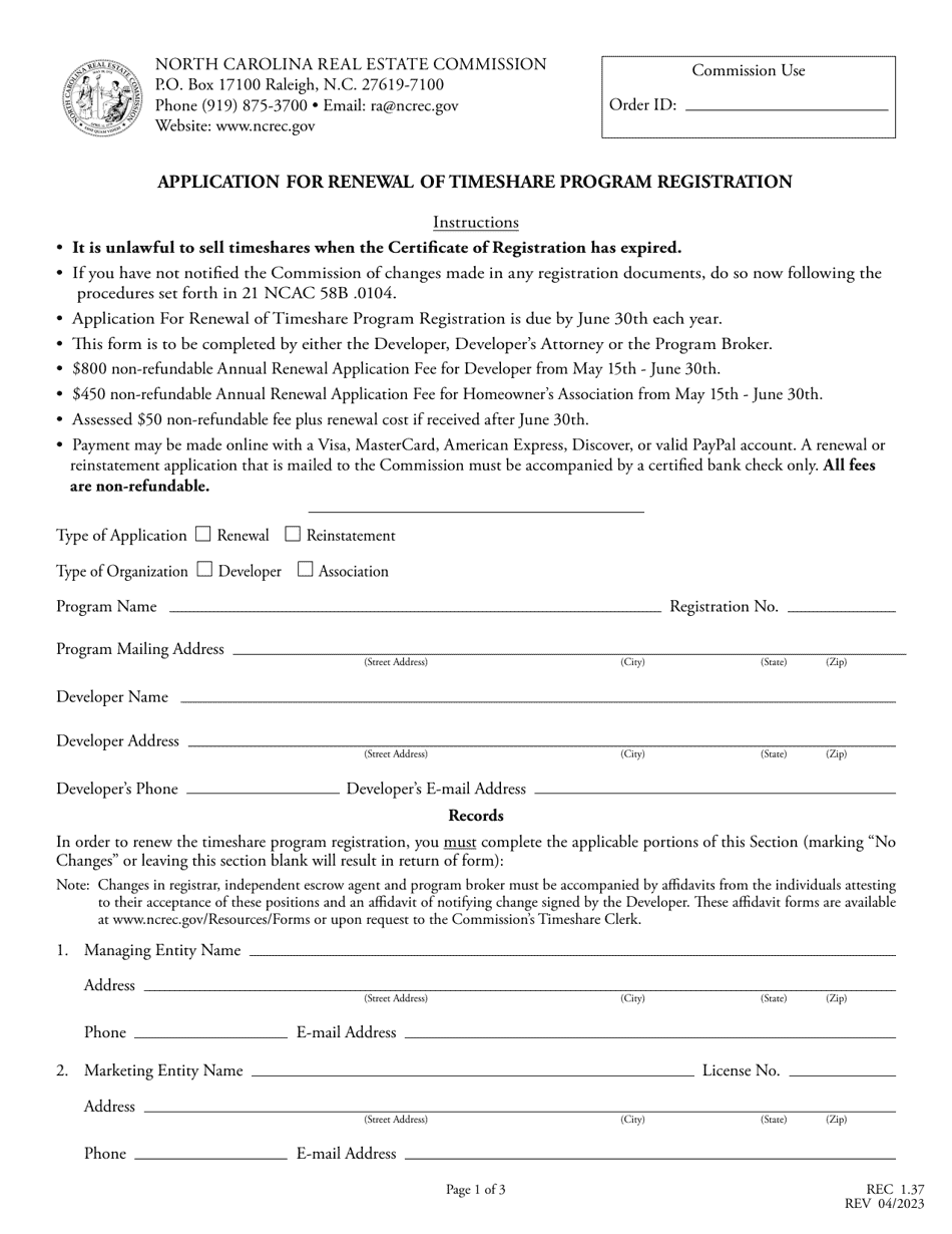 Form REC1.37 Application for Renewal of Timeshare Program Registration - North Carolina, Page 1