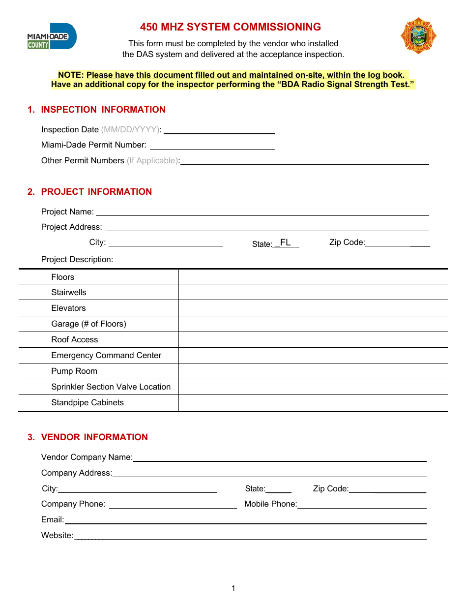450 Mhz Commissioning Document - Miami-Dade County, Florida, Page 1