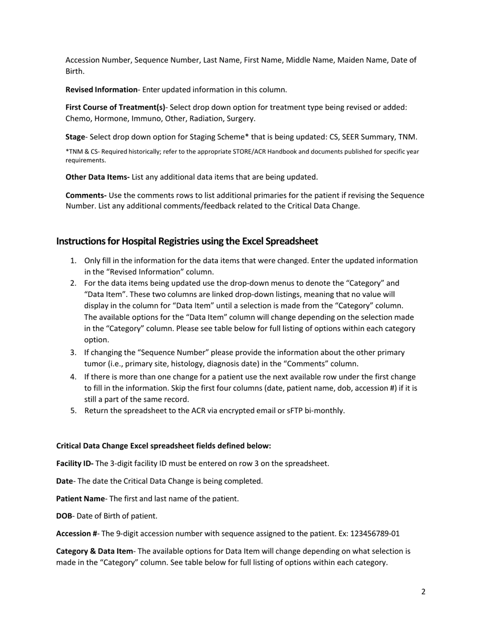Instructions for Critical Data Change Form - Arizona Cancer Registry - Arizona, Page 2