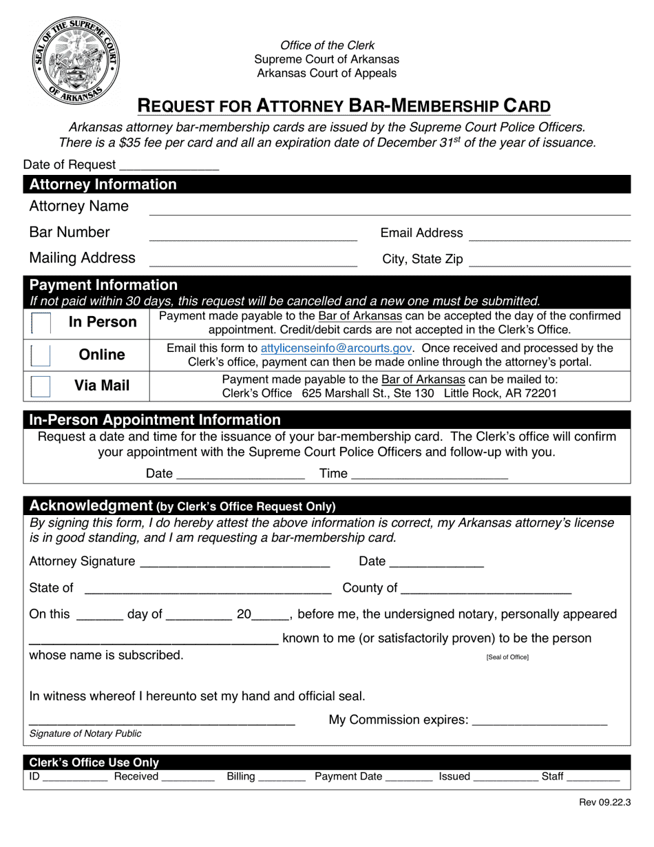 Request for Attorney Bar-Membership Card - Arkansas, Page 1