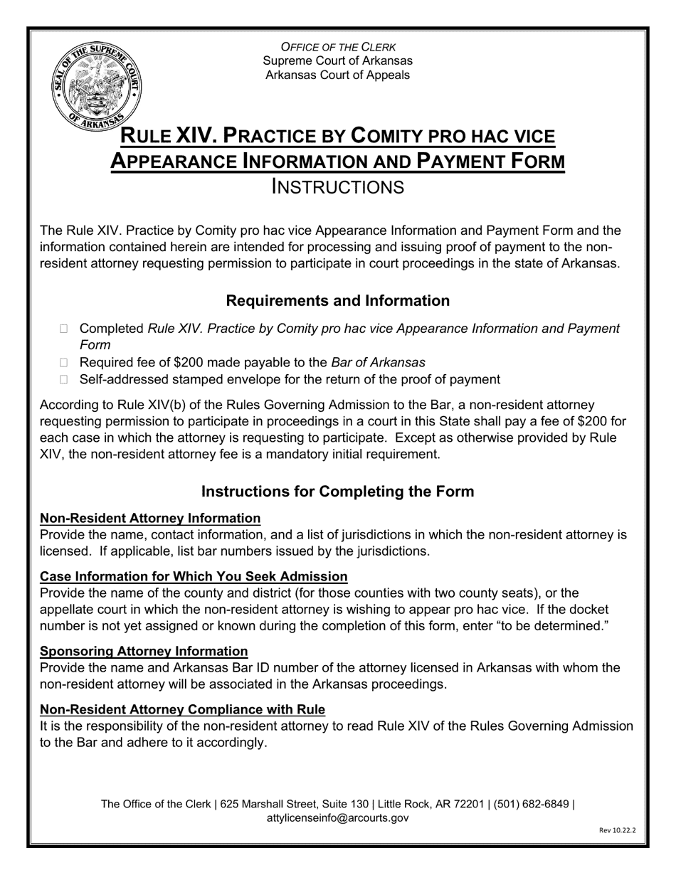 Rule XIV. Practice by Comity Pro Hac Vice Appearance Information and Payment Form - Arkansas, Page 1