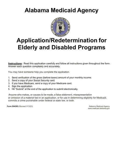 Form 204/205 Application/Redetermination for Elderly and Disabled Programs - Alabama