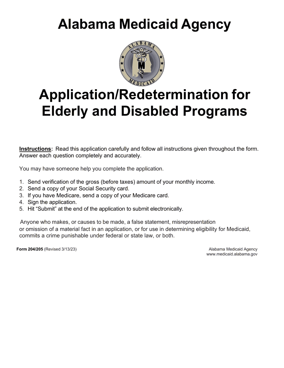 Form 204 / 205 Application / Redetermination for Elderly and Disabled Programs - Alabama, Page 1