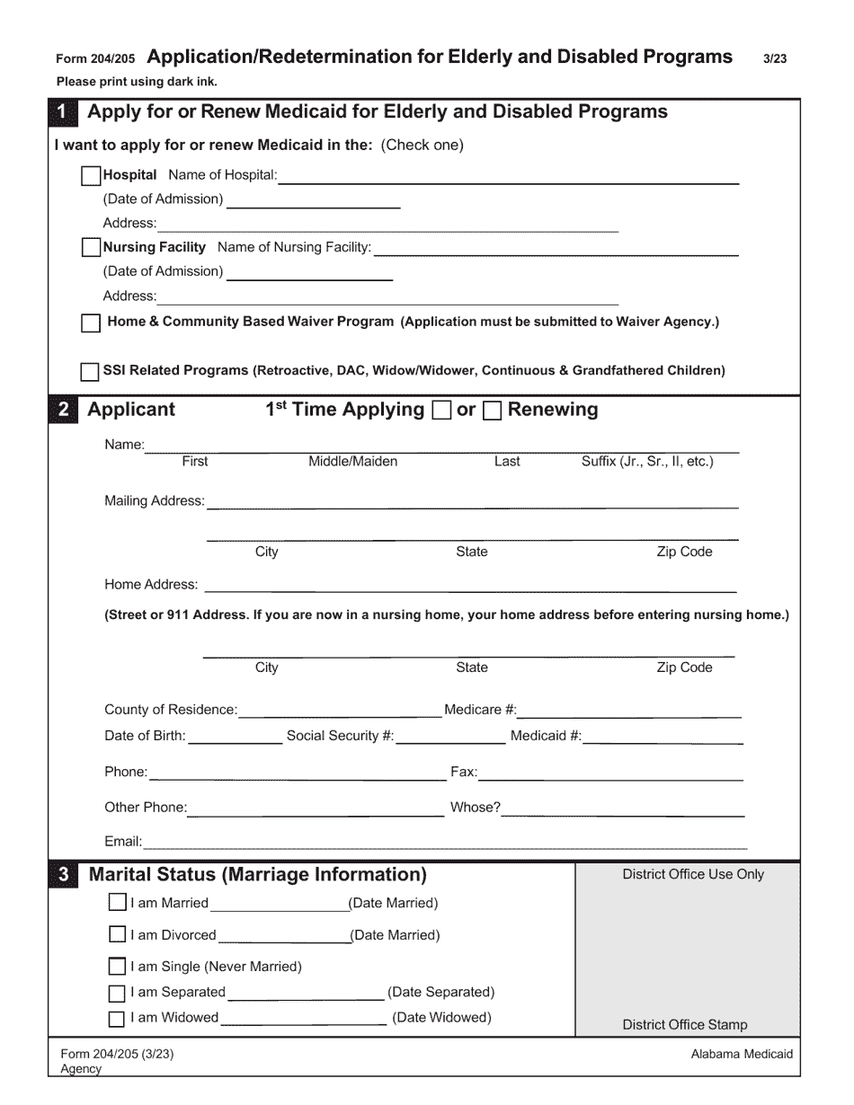 Form 204 / 205 Application / Redetermination for Elderly and Disabled Programs - Alabama, Page 3