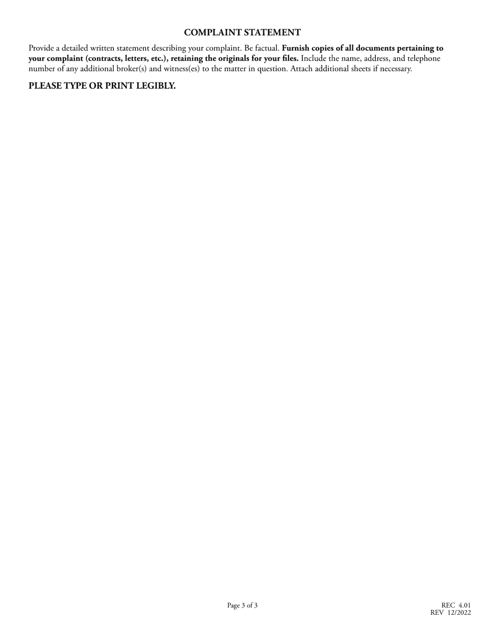 Form REC4.01 Complaint Form - North Carolina, Page 3