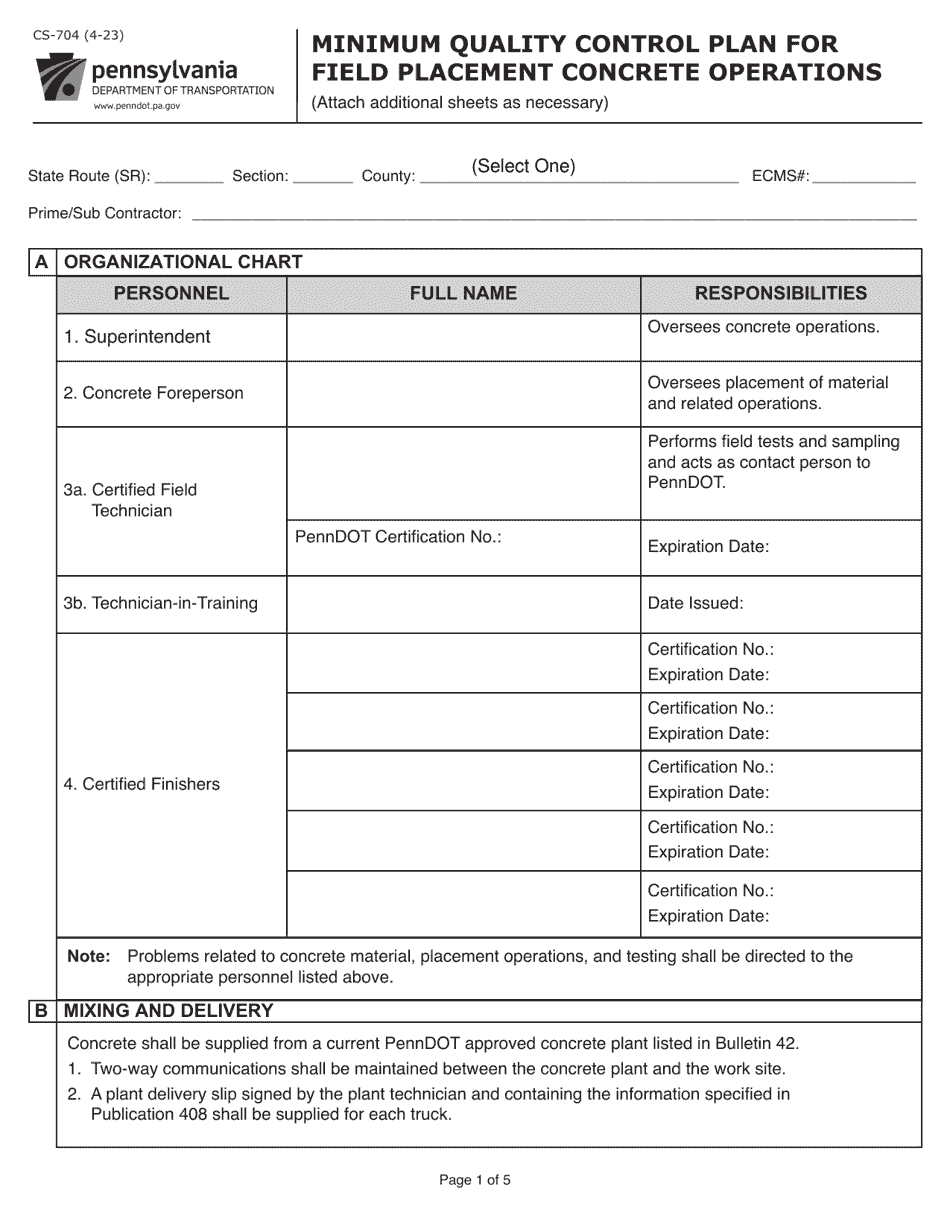 Form CS-704 Minimum Quality Control Plan for Field Placement Concrete Operations - Pennsylvania, Page 1
