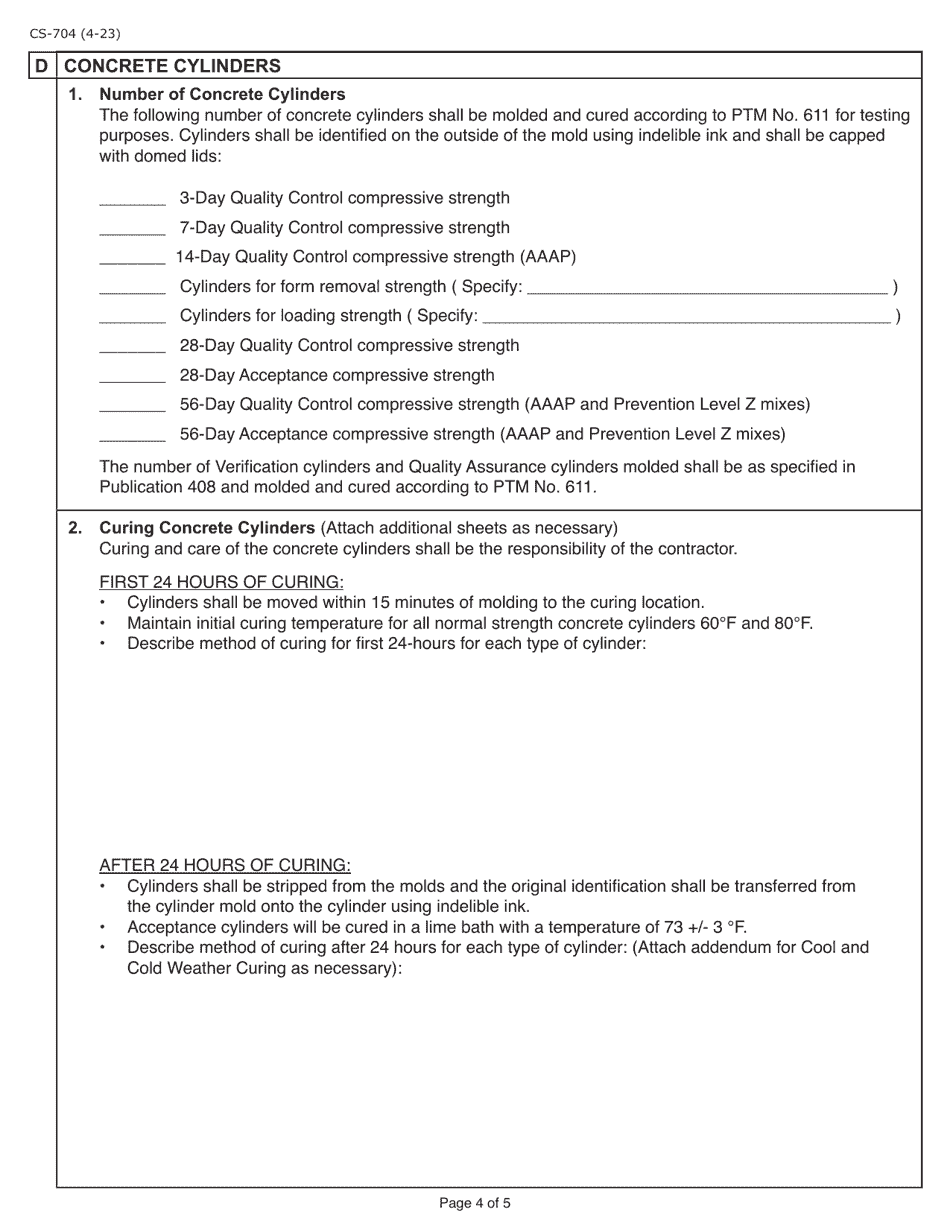 Form CS-704 Minimum Quality Control Plan for Field Placement Concrete Operations - Pennsylvania, Page 4