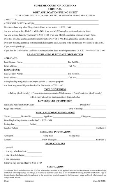 Criminal Writ Application Filing Sheet - Louisiana