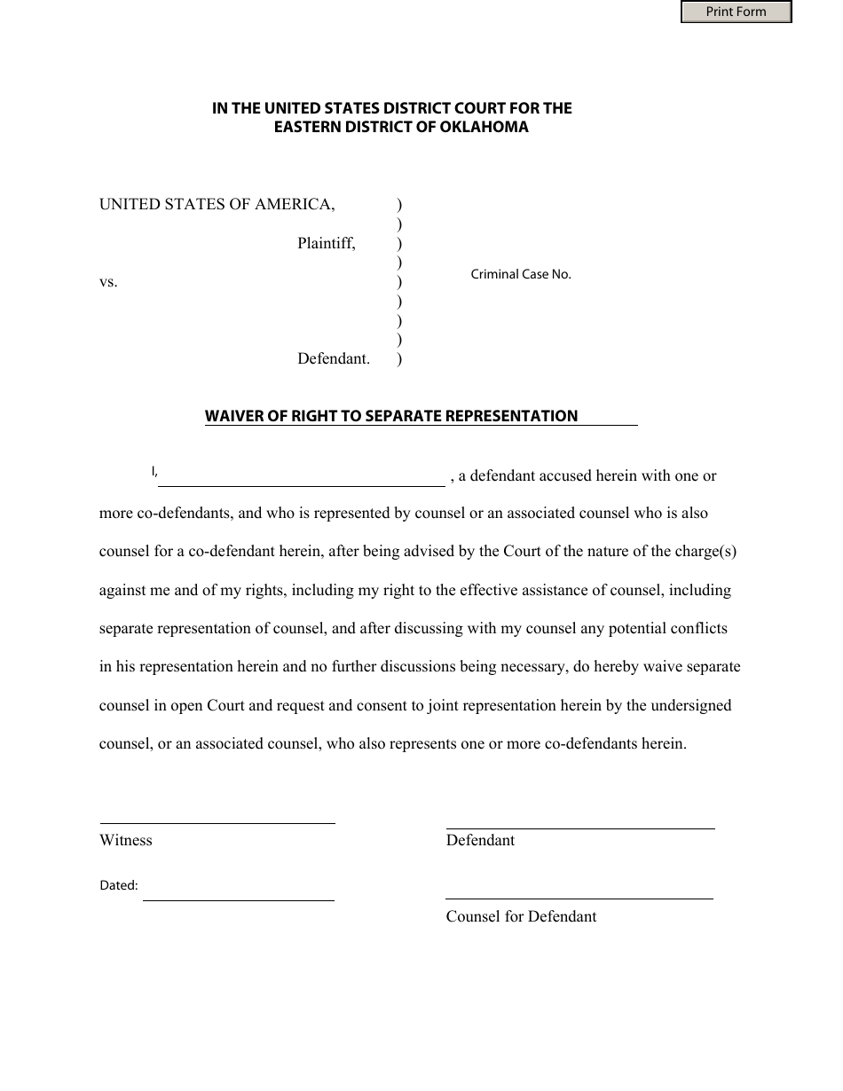 Waiver of Right to Separate Representation - Oklahoma, Page 1