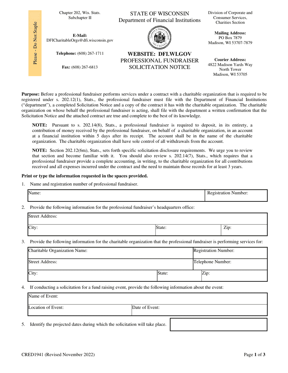 Form CRED1941 Professional Fundraiser Solicitation Notice - Wisconsin, Page 1