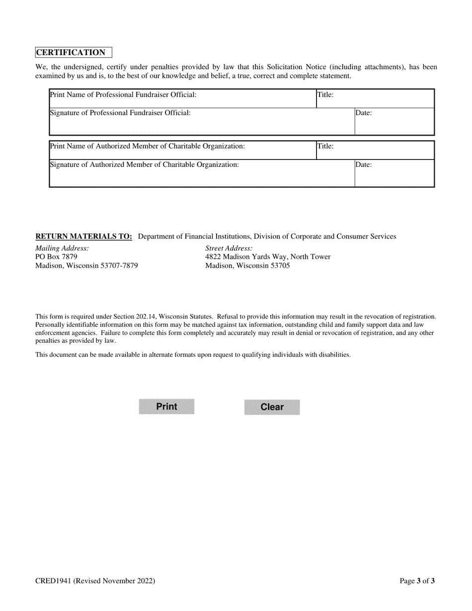 Form CRED1941 Professional Fundraiser Solicitation Notice - Wisconsin, Page 3