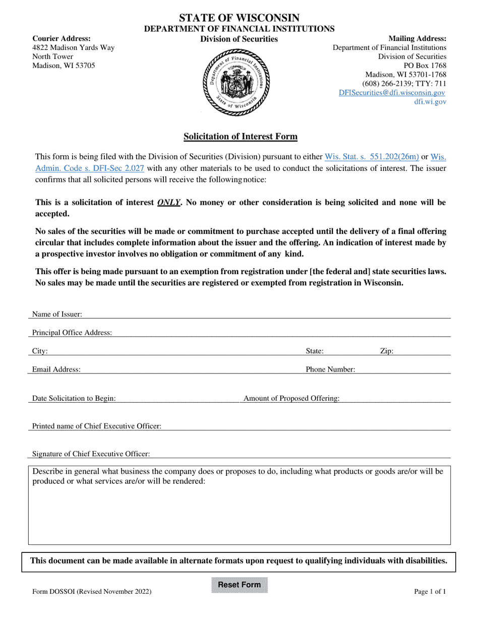 Form DOSSOI Solicitation of Interest Form - Wisconsin, Page 1