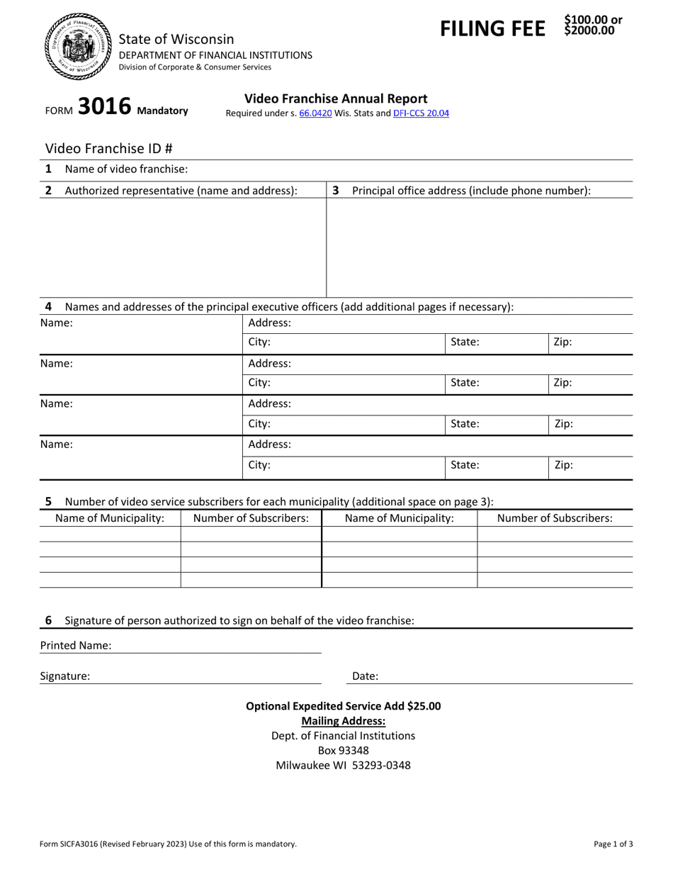 Form SICFA3016 Video Franchise Annual Report - Wisconsin, Page 1