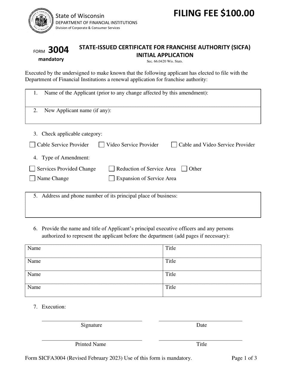 Form SICFA3004 State-Issued Certificate for Franchise Authority (Sicfa) Initial Application - Wisconsin, Page 1